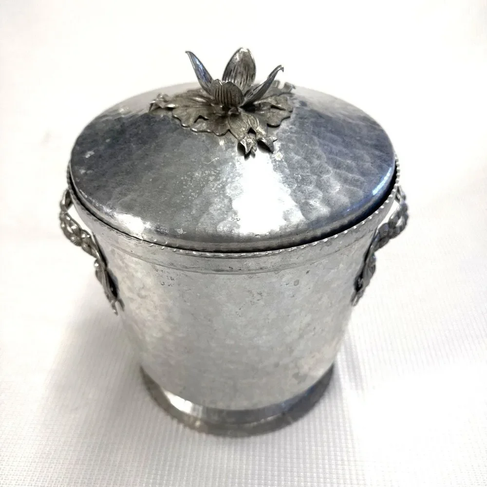Vintage Hammered Aluminum Ice Bucket Rose Bud Floral Trim Handle Art Nouveau MCM